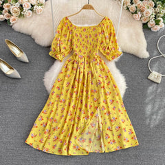 Waist-Tied Bubble Sleeve Split Dress