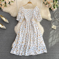 Waist-Tied Bubble Sleeve Split Dress