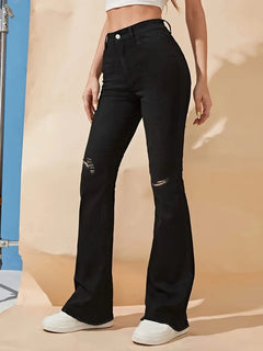 Black Ripped Flared Jeans - High Waist Distressed Denim