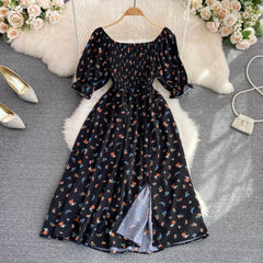 Waist-Tied Bubble Sleeve Split Dress