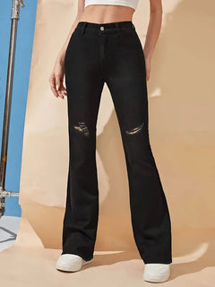 Black Ripped Flared Jeans - High Waist Distressed Denim