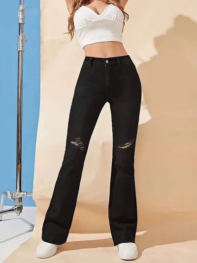 Black Ripped Flared Jeans - High Waist Distressed Denim