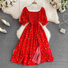 Waist-Tied Bubble Sleeve Split Dress