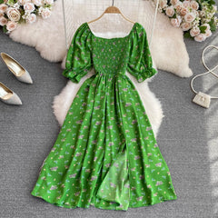Waist-Tied Bubble Sleeve Split Dress