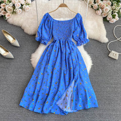 Waist-Tied Bubble Sleeve Split Dress