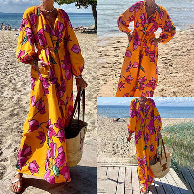 Autumn Elegance Flowing V-Neck Dress