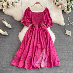 Waist-Tied Bubble Sleeve Split Dress