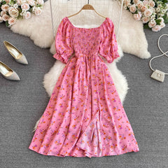 Waist-Tied Bubble Sleeve Split Dress
