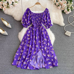 Waist-Tied Bubble Sleeve Split Dress