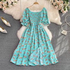Waist-Tied Bubble Sleeve Split Dress
